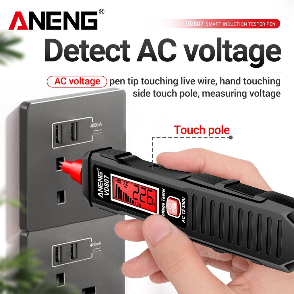 ANENG VD807 Smart NCV Voltage Flashlight Tester Pen AC 12-300V Non-Contact LCD Display Sound Alarm Safe Electric Test Pen