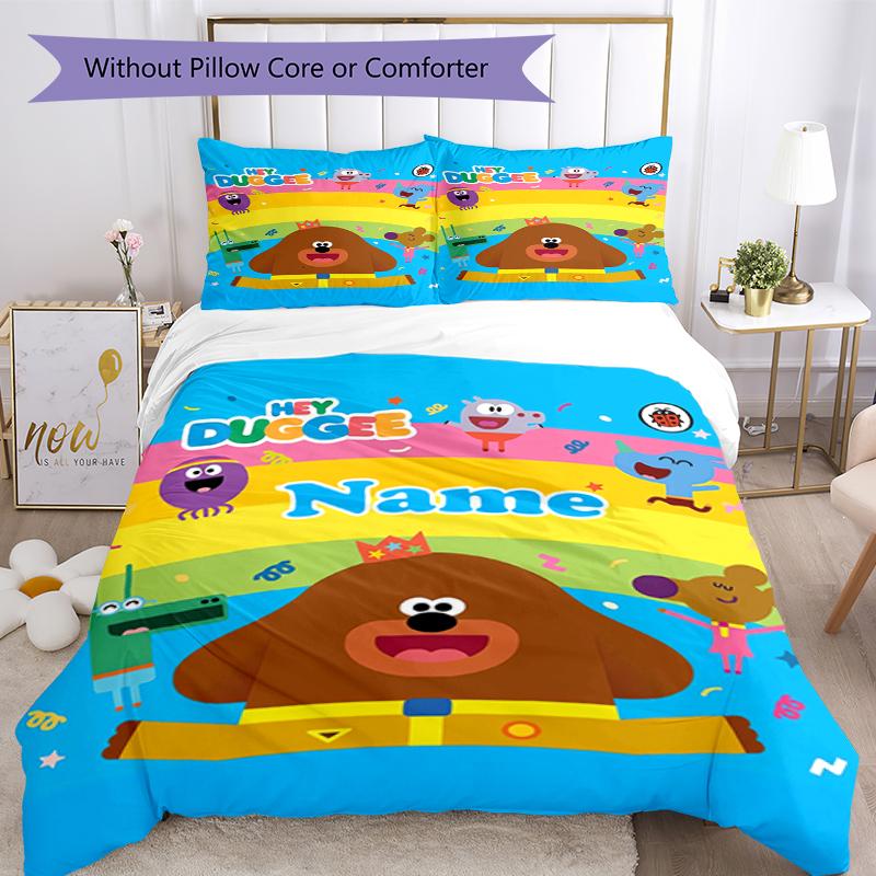 3pcs Custom Name Hey Duggee Bedding Set Duvet Cover Closure Includes 1 Duvet Cover & 2 Pillowcases, Soft and Comfortable for All Seasons.