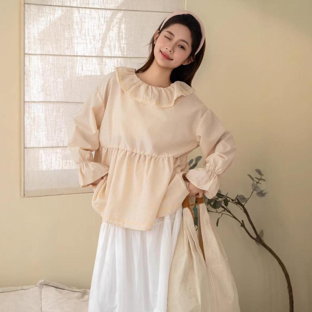 Plaid Patchwork Long Sleeve Doll Shirt - Spring 2026 Forest Girl Slimming Loose Top