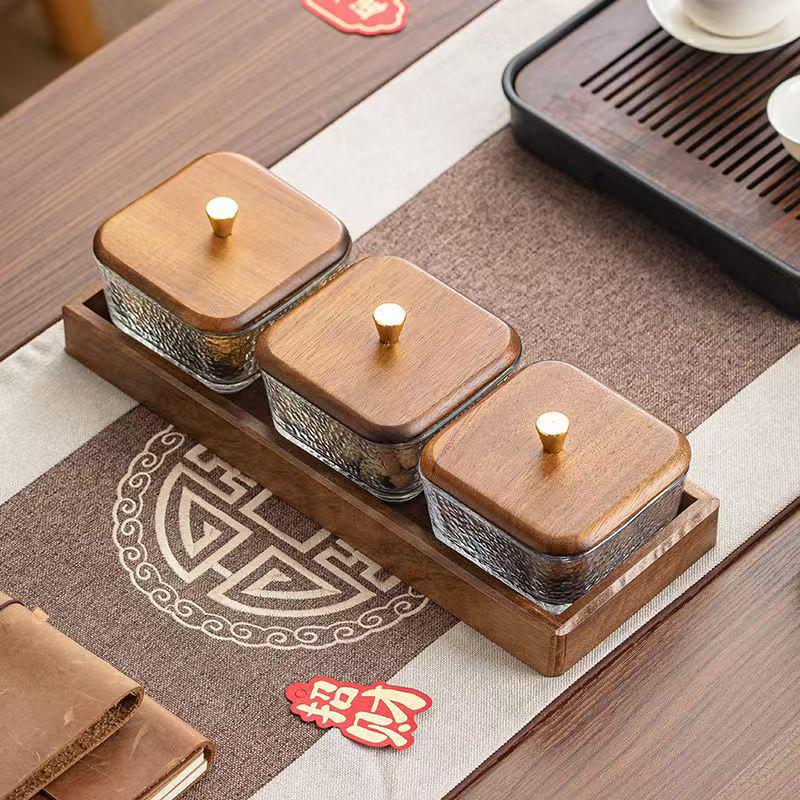 Compartmented Walnut Wood and Glass Snack Tray