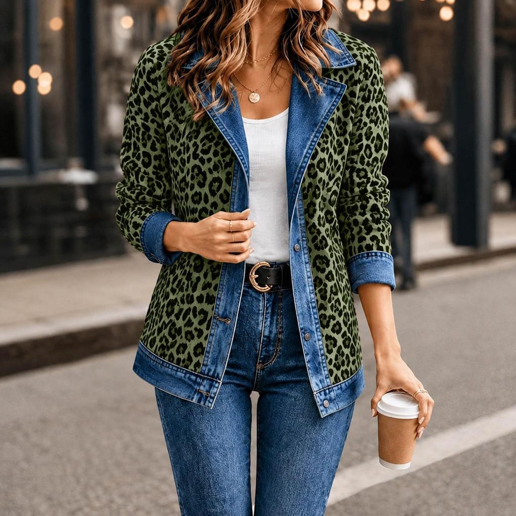 Women's Casual Real Denim Jacket with Leopard Print Patchwork Design for Daily Wear
