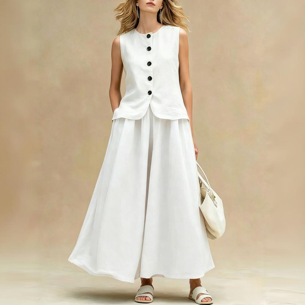 Women Sleeveless Button Front Vest Waistcoat and Long Skirt Two Piece Set Fashionable Solid Color Suit for Casual and Formal Wear