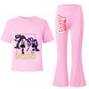 2pcs Kids Girls Lily Lovebraids Printed Casual Short Sleeves T-shirt Top Flared Trumpet Trousers Top Pants Sets