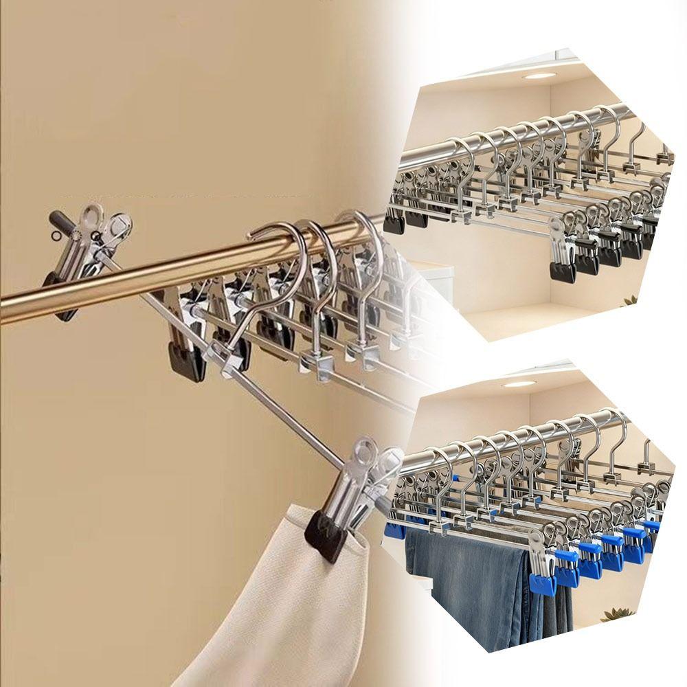 5pcs New Retractable Metal Trouser Rack Windproof with Adjustable Clips Pants Drying Hangers Non-Slip Closet Storage Racks