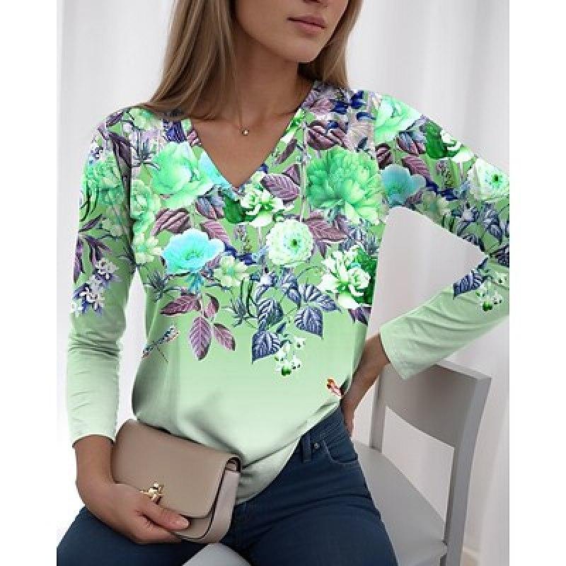 

Жен. Футболка Футболка С цветочным принтом Праздники Выходные Розовый Синий Фиолетовый С принтом Длинный рукав Мода V-образный вырез Обычный крой Весна и осень 6XL