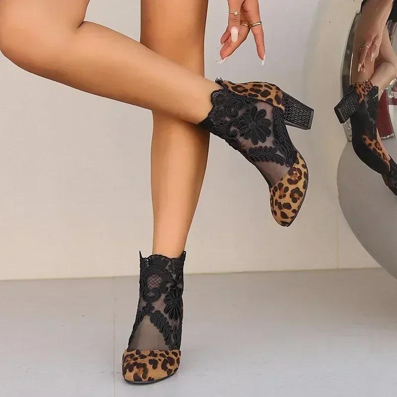 fashion 2024 New Shoes for Women Sandals Women's Boots Leopard Ankle Boots Women Lace Floral Back Zip Round Toe High Heels Shoes Female