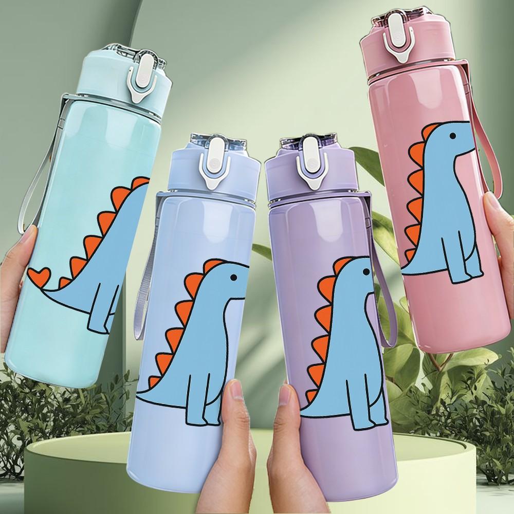 1PC Simple Blue Dinosaur Cartoon 750ml Color Plastic Sports Water Bottle Leakproof Flip Straw Lid Suitable for Sports Office Home Use