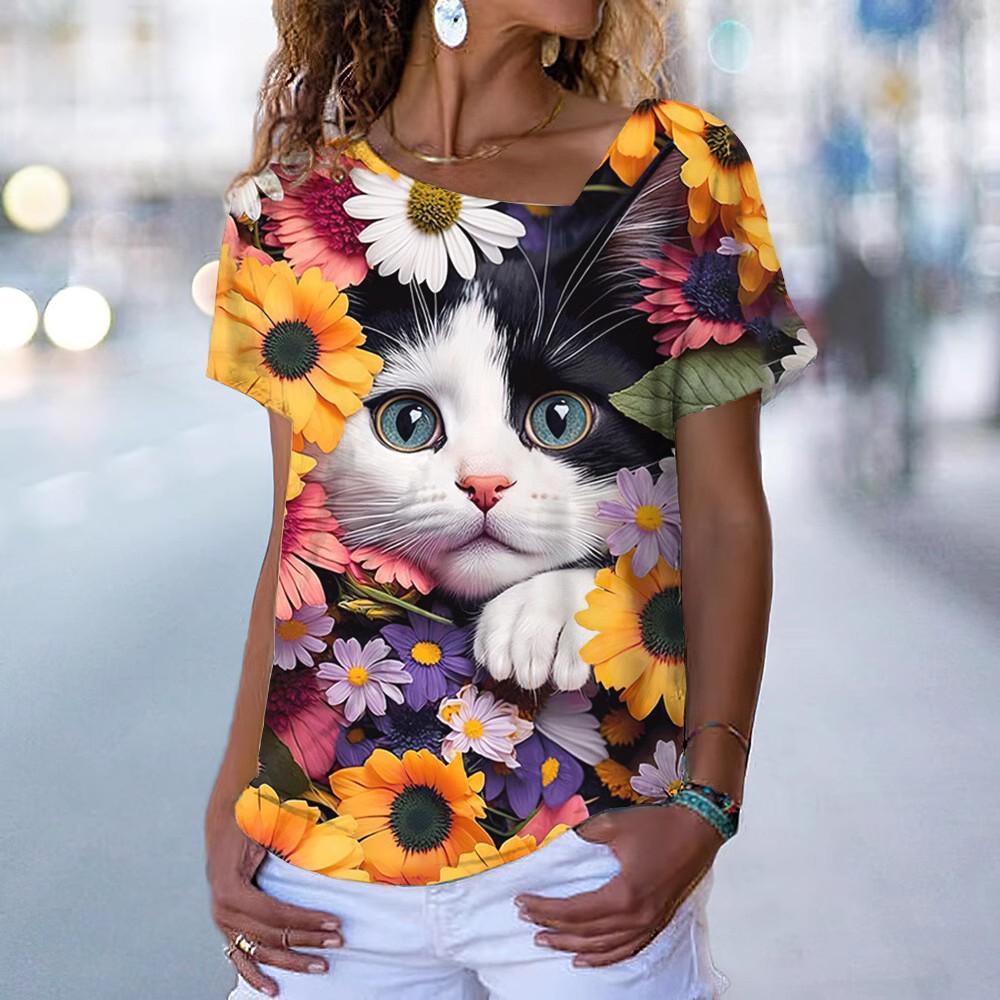 New Diagonal V-neck T-shirt for Women, Short Sleeved Summer Clothing, Animal Printed Loose Cat T-shirt