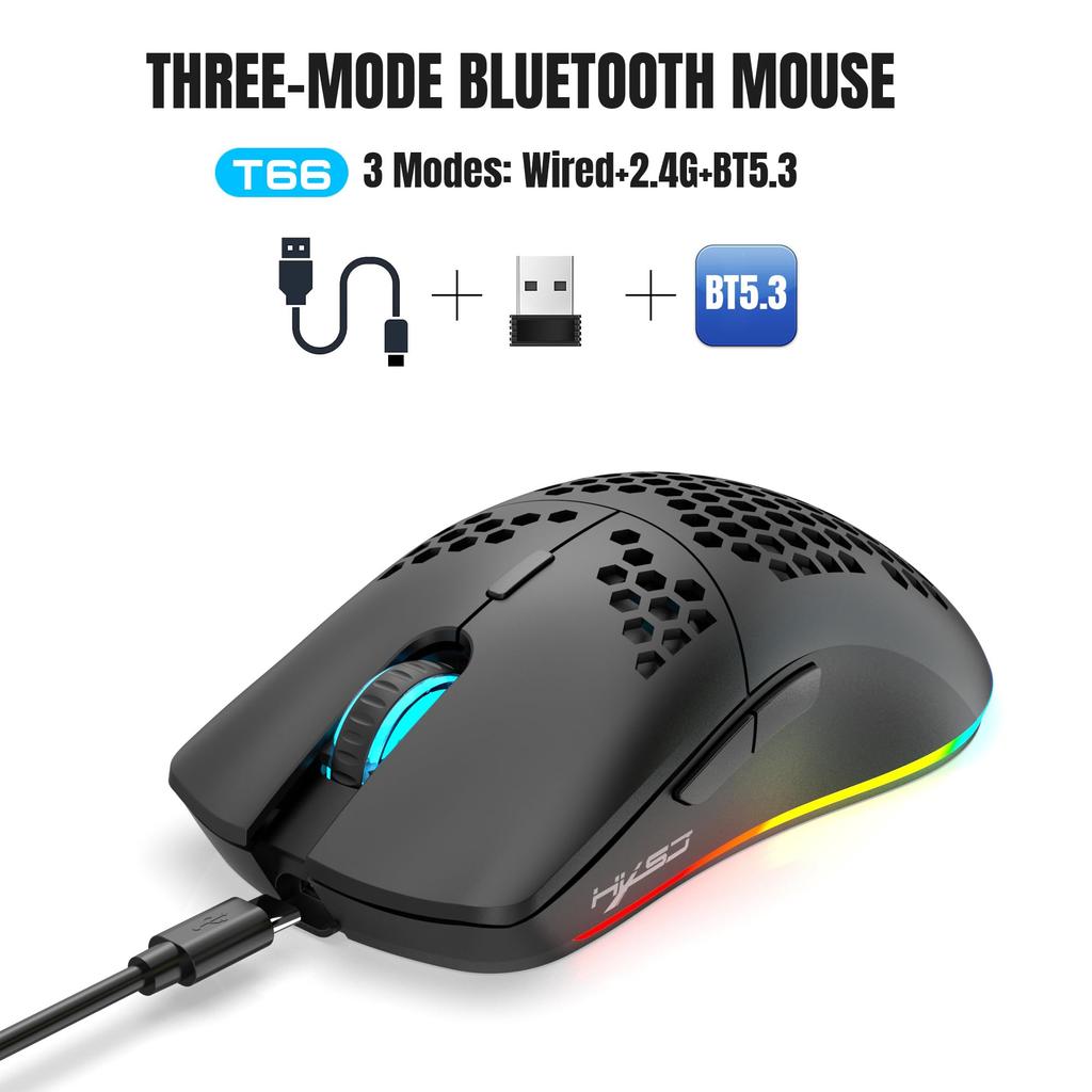 ZIYOU LANG T66 Wireless Gaming 1000Hz Reporter RGB DPI Black Mouse, Rate, 2.4G/Bluetooth 5.3/USB-C, Illumination, 5-Level Adjustment, 90g,