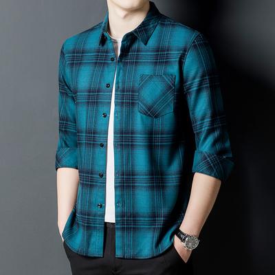Long Sleeve Plaid Shirt Autumn Men's Casual Lapel Loose Men's Shirt with Pockets