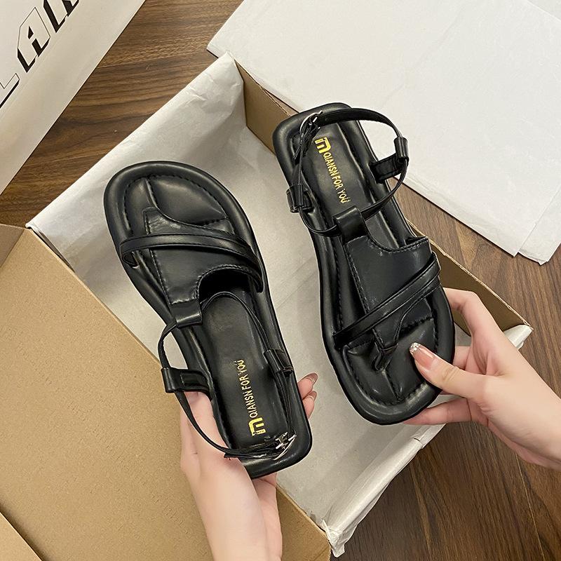 

Женские сандалии-елочки с жемчужной пряжкой, новинка лета 2025, простые сандалии-шлепанцы с пряжкой на пальце 35 чёрный