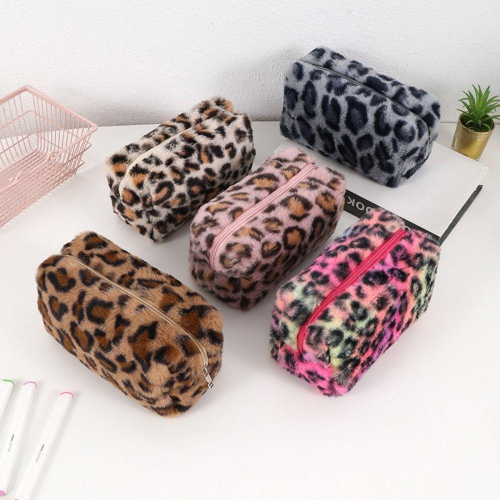 Leopard Print Women's Cosmetic Pouch Soft Cosmetic Storage Organizer Plush Makeup Bags  Ladies