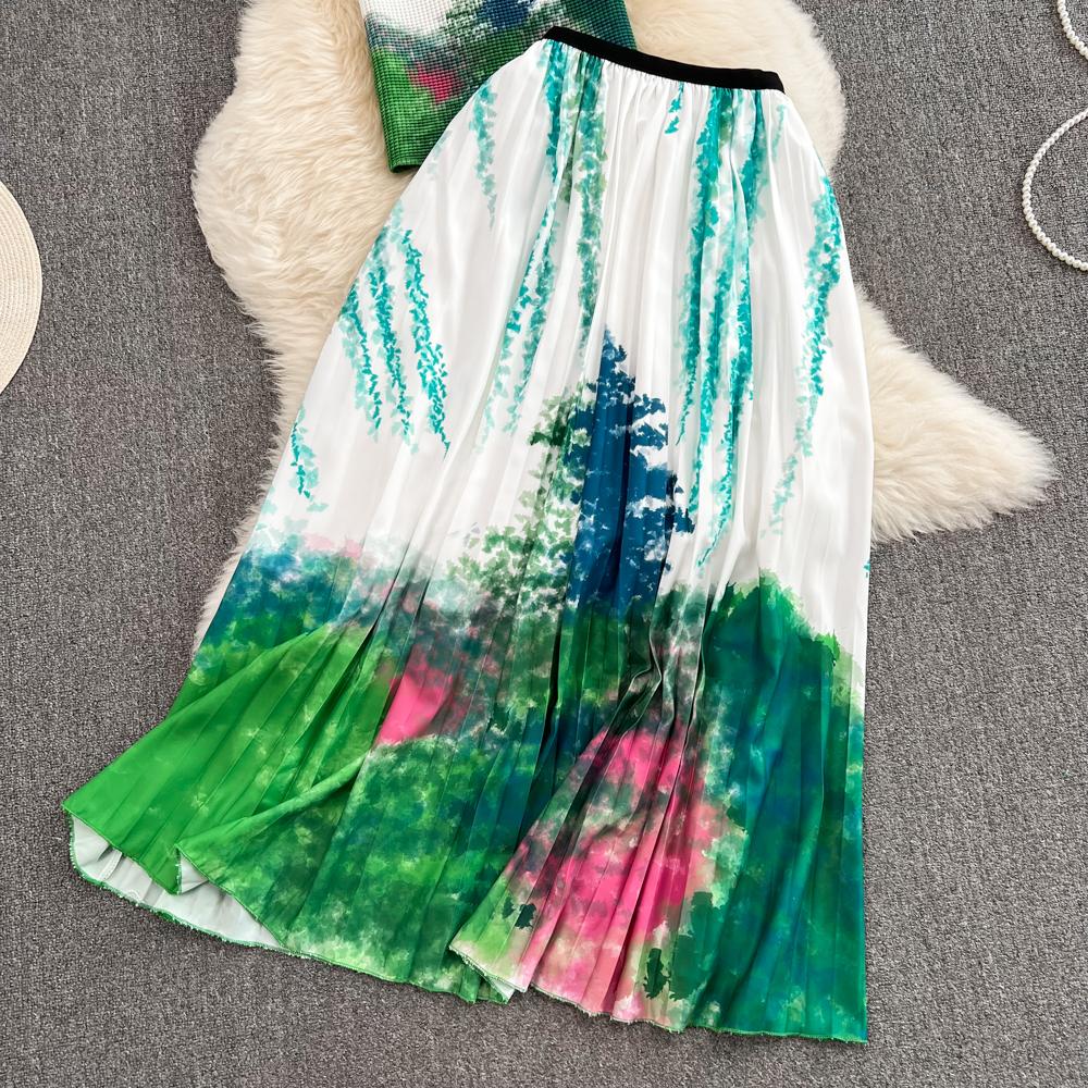 Women's Fashion Suit Gradient Color Slim Short Top Two Piece High Waist Pleated Skirt