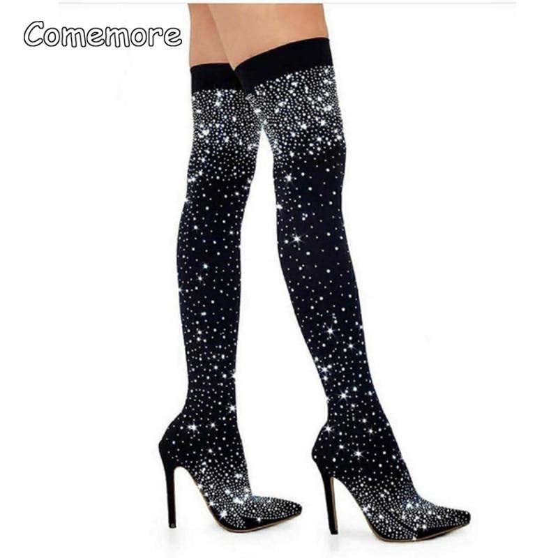 Comemore Rhinestone Pointed High Heel Sock Boot Outdoor Women Shoes Stiletto 2025 Women's Autumn Over The Knee Boots 43