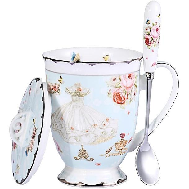 

YBK Tech Euro Style Porcelain Tea Cup Coffee Mug with Lid for Breakfast Home Kitchen (((Butterflies Pattern) (Pink))) (Butterflies Pattern) (Bl