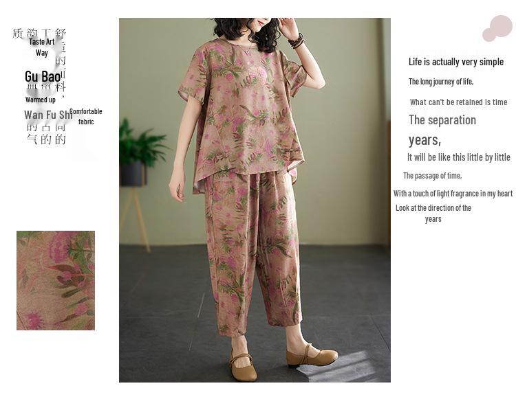 2025 Summer Cotton Linen Floral T-shirt & Harem Pants Set for Women