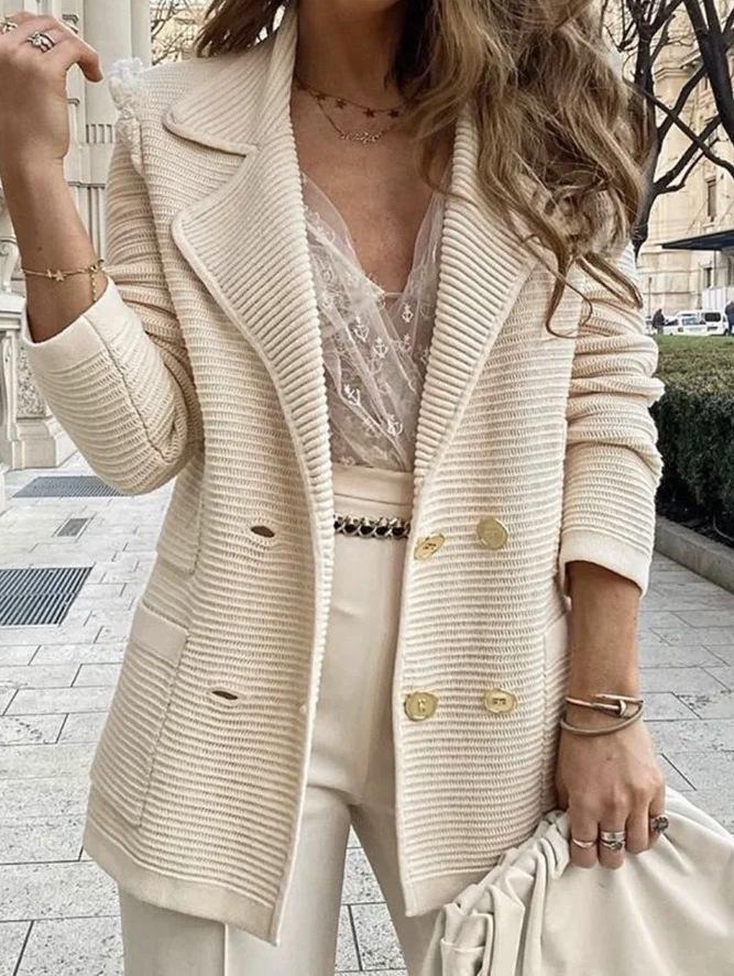 European and American Rib Knit Casual Blazer - Short and Loose Fit, Solid Color