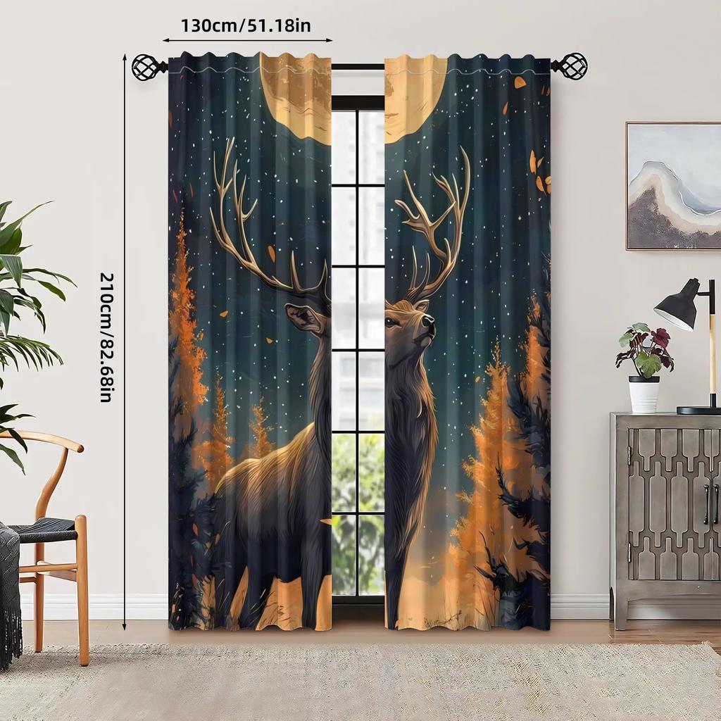 Deer Curtain - Vintage Blackout Curtains with Majestic Deer & Starry Night Forest Design    Polyester Machine Washabl