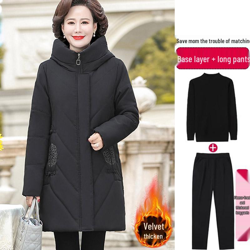 Red Mid-Length Winter Jacket for Middle-Aged and Elderly Women - Thick, Cotton-Padded, Suitable for Spring and Autumn