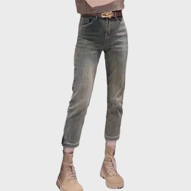Women's High Waist Elastic Split Jeans - Plus Size Slim Fit, Petite, Nine-Point Length for Summer