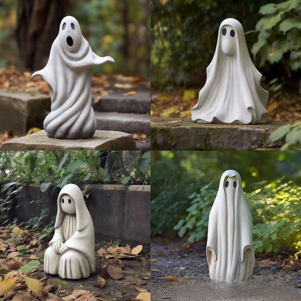 Whimsical White Ghost Lawn Ornament Captivating Resin Garden Sculpture Perfect For Halloween