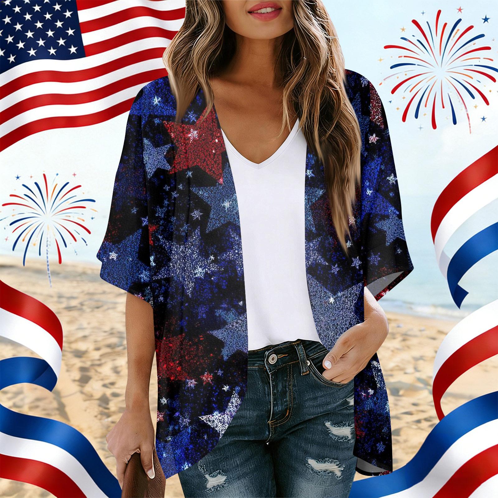 

Women’s Loose Fit Open Front Cardigan with USA Independence Day Print Casual Kimono Style Shirt Top for 250 Years Celebration S
