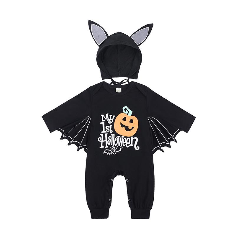 Halloween Skull Print Baby Romper with Bat Shape and Pumpkin Design, Includes Hat