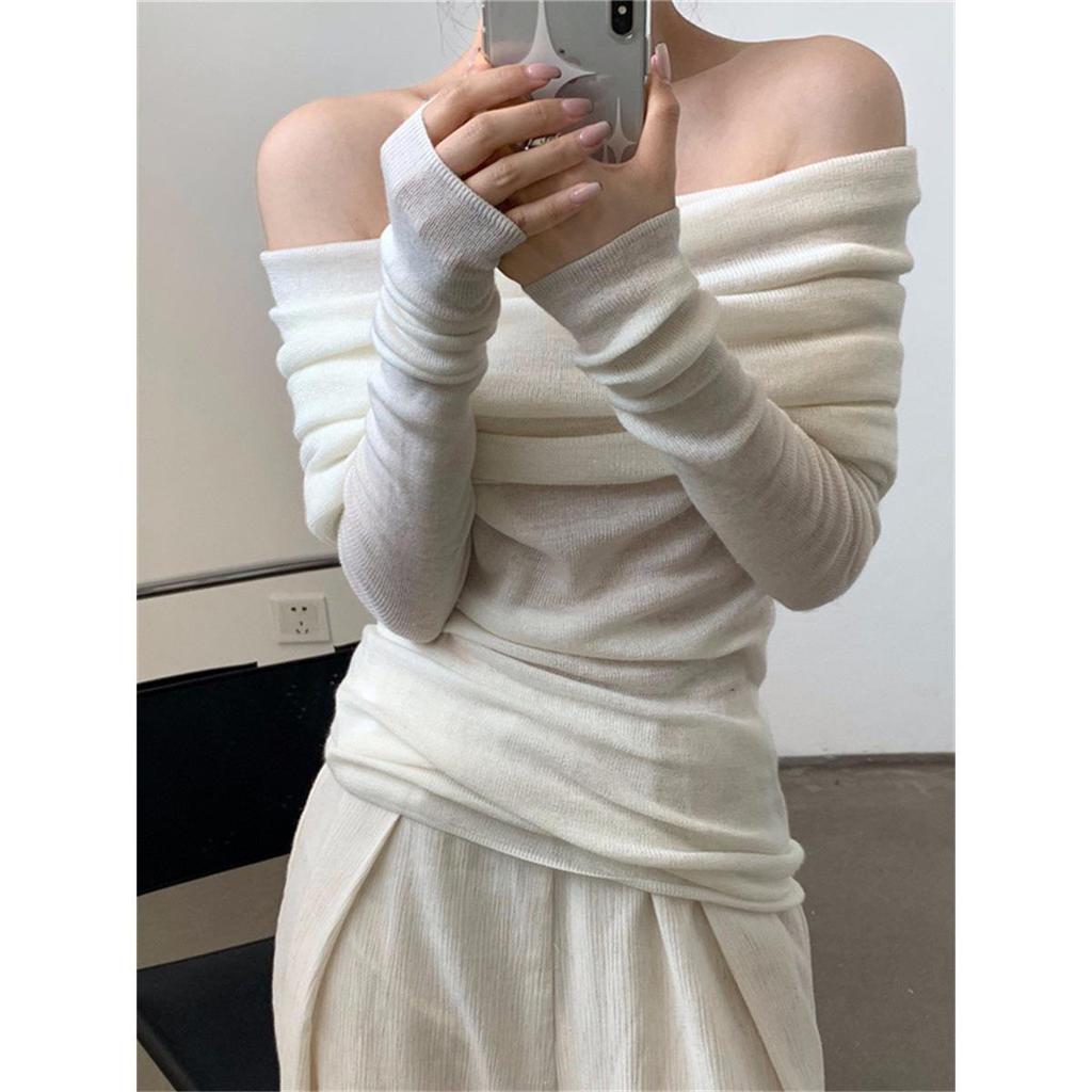 Women's Slim Fit One-Shoulder White Long-Sleeve Sweater, Elegant Pleated Spring Top