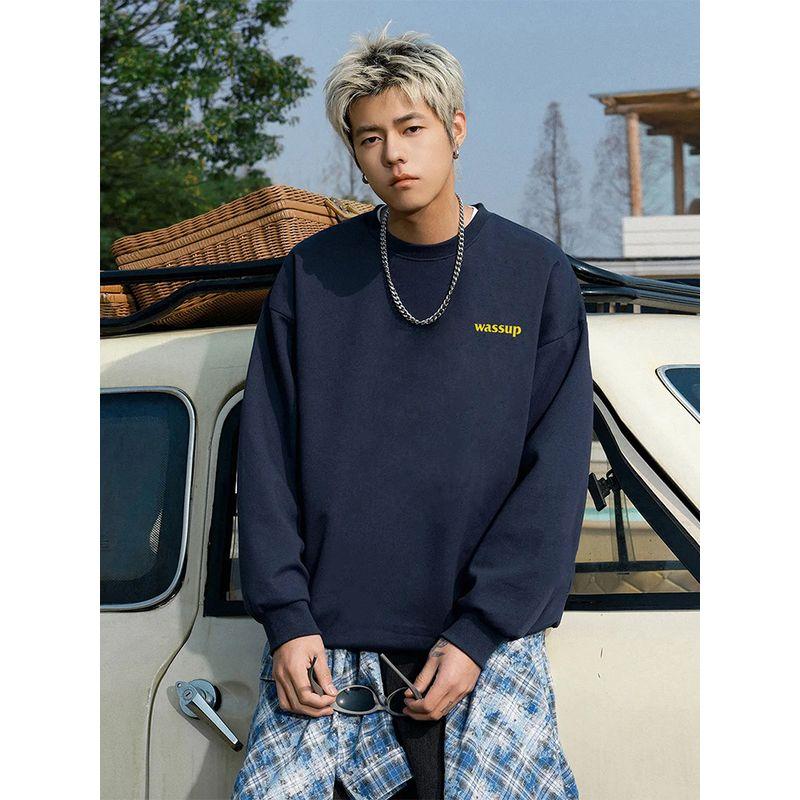 Wassup Trendy Brand Letter Logo American-Style Heavyweight Sweatshirt for Men and Women, Loose Casual Base Layer Crew Neck Top for Spring and Autumn