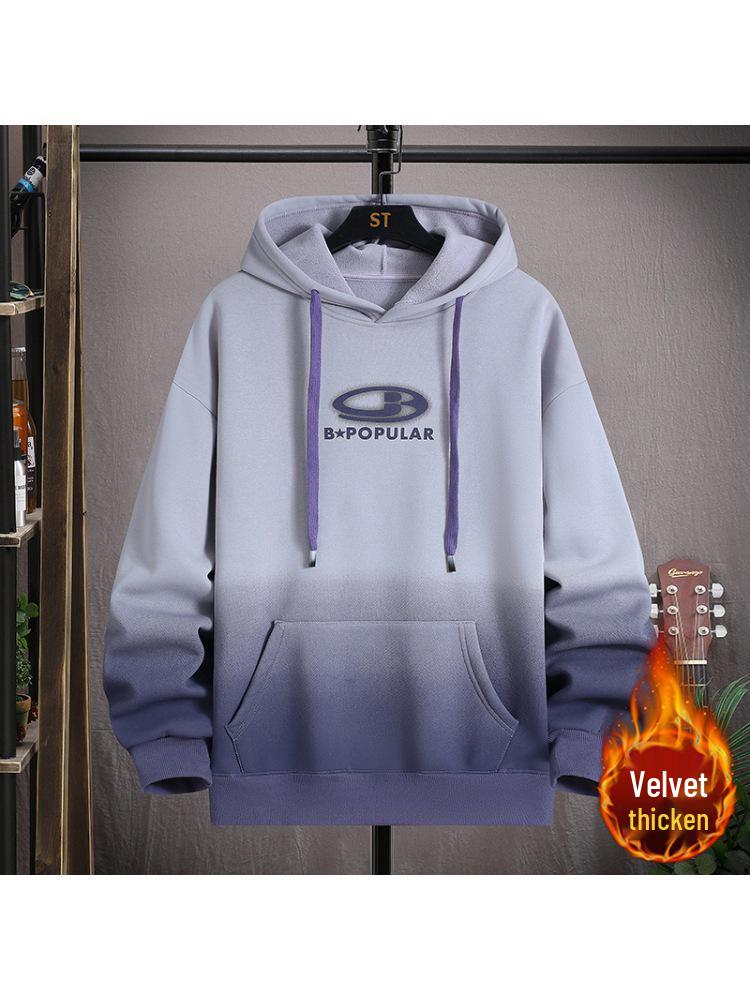Gradient Color Block Hooded Sweatshirt for Boys, Junior High & High School Students - Plus Velvet, Thickened, Autumn/Winter Outerwear for Teens