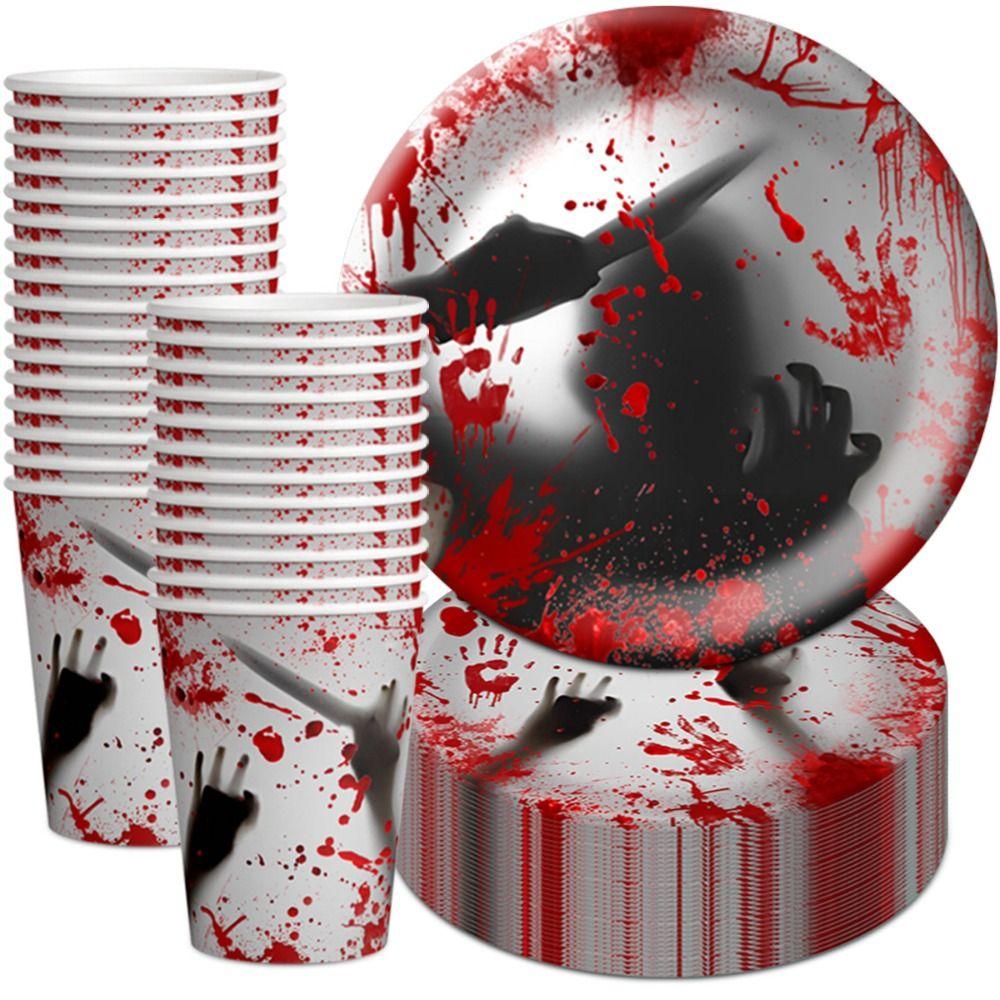 10Pcs Cup Plate Bloodstain Paper Plate Cup Set Haunted House Props Happy Halloween
