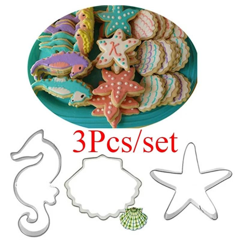3Pcs /Set Seahorse Seashell Seafish Mold Biscuit Cookie Cutters Set Cake DIY Tool