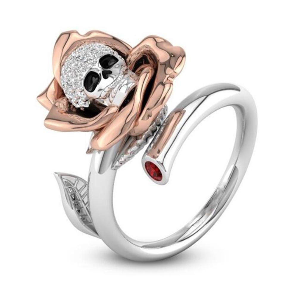 Inlaid Zircon Copper Ring Flower Skull Shape Adjustable Women Accessory Jewelry