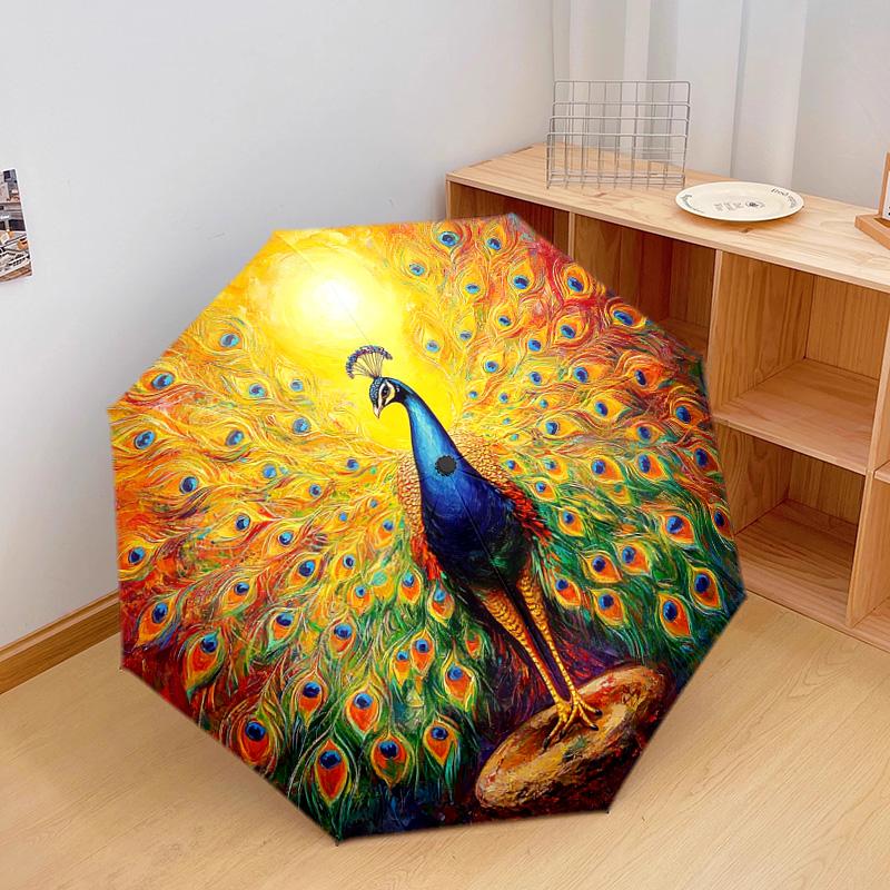 1 PC Automatic Folding Umbrella - Peacock Pattern, Portable & Foldable Design with 8 Ribs, Christmas Birthday Gifts