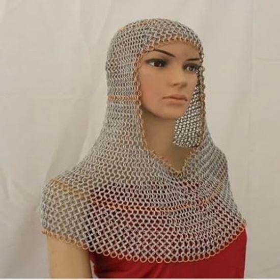 Medieval Aluminium Butted Chainmail Hood with Rings At the Edges 10 Mm 16 Gauge Golden Style Battle-ready Chainmail Woman Hood Coif