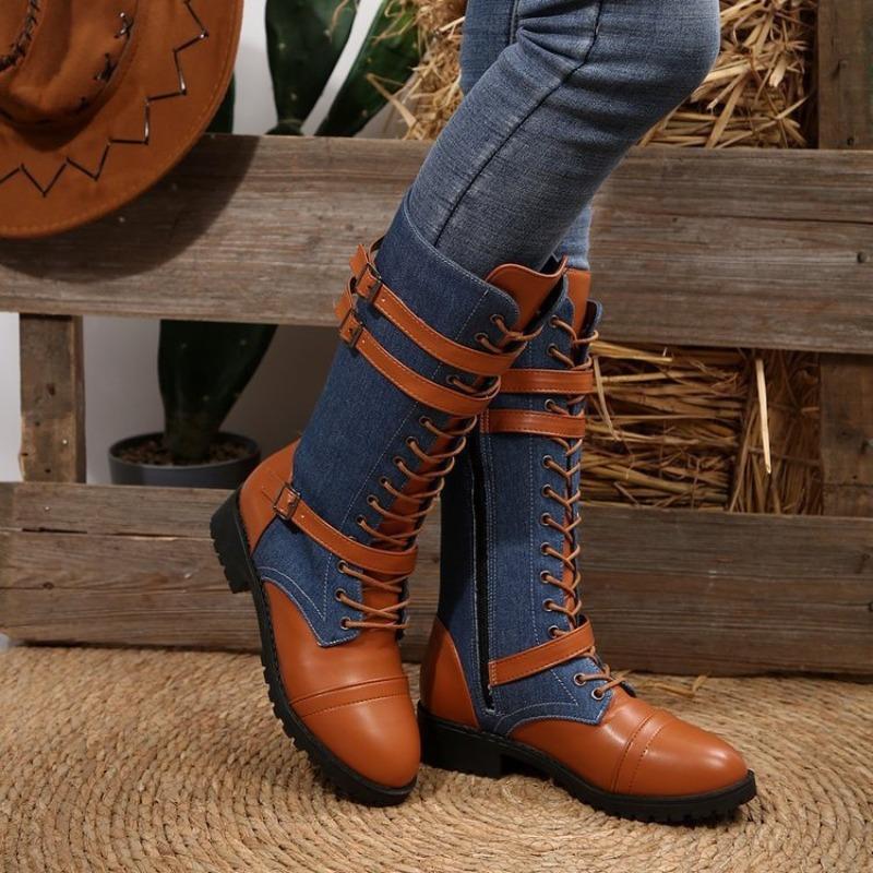 Damskie Skórzane Buty Jeździeckie z Okrągłym Noskiem i Łatami, Wysokie Buty na Kwadratowym Obcasie z Paskiem na Klamrę, Duże Rozmiary Buty Jesienno-Zimowe