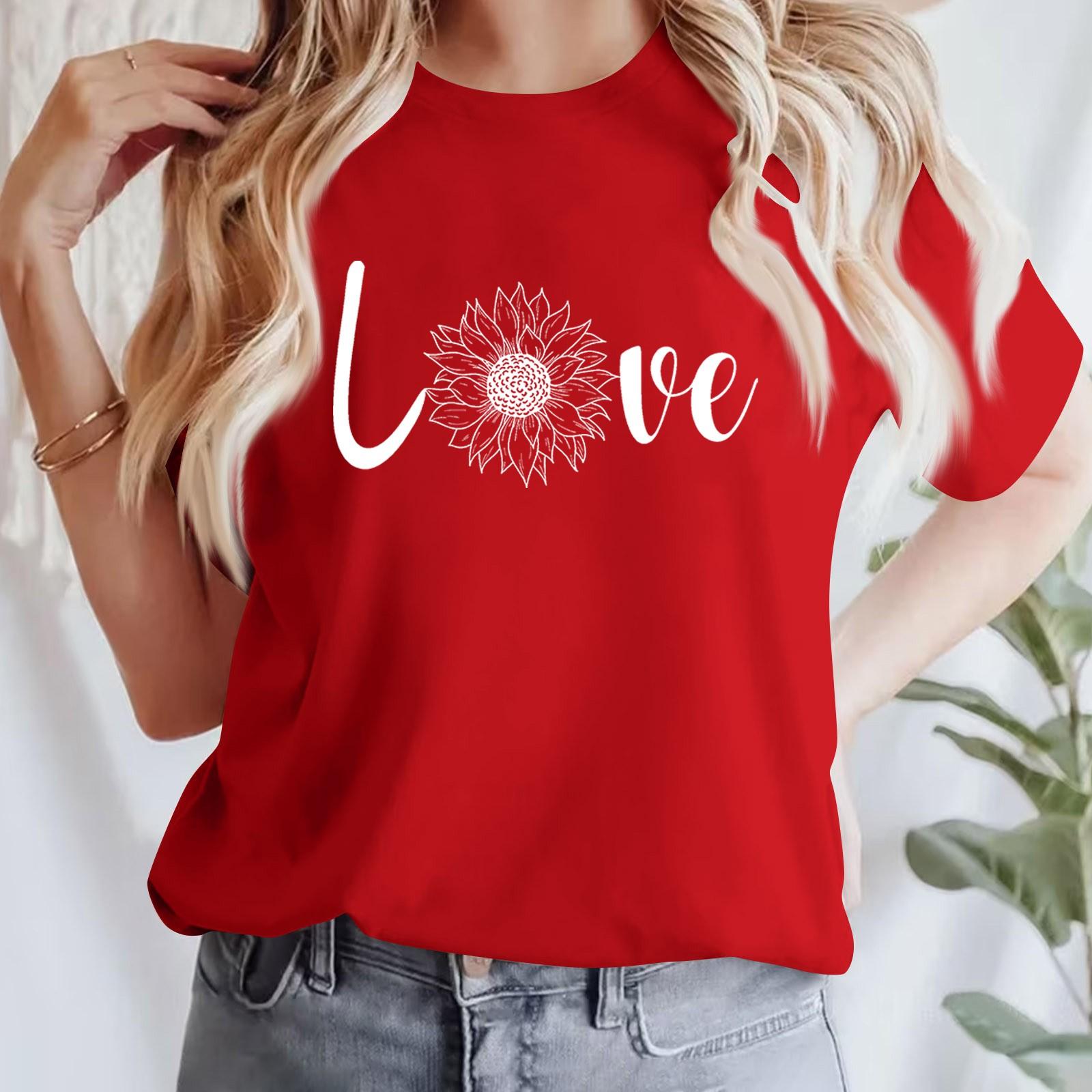 

Жіноча повсякденна футболка з принтом і круглим вирізом, пуловер з короткими рукавами XXL червоний