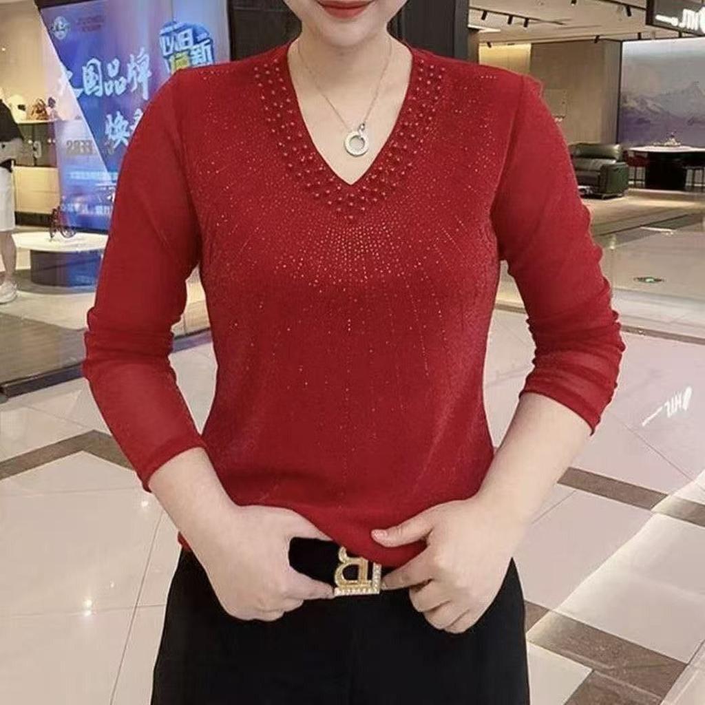 Women's Thin V-neck Mesh Stretch T-shirt Shiny Rhinestone Beads Long-sleeve Slim-fit Blouse Soft Skin-friendly Pullover T-shirt
