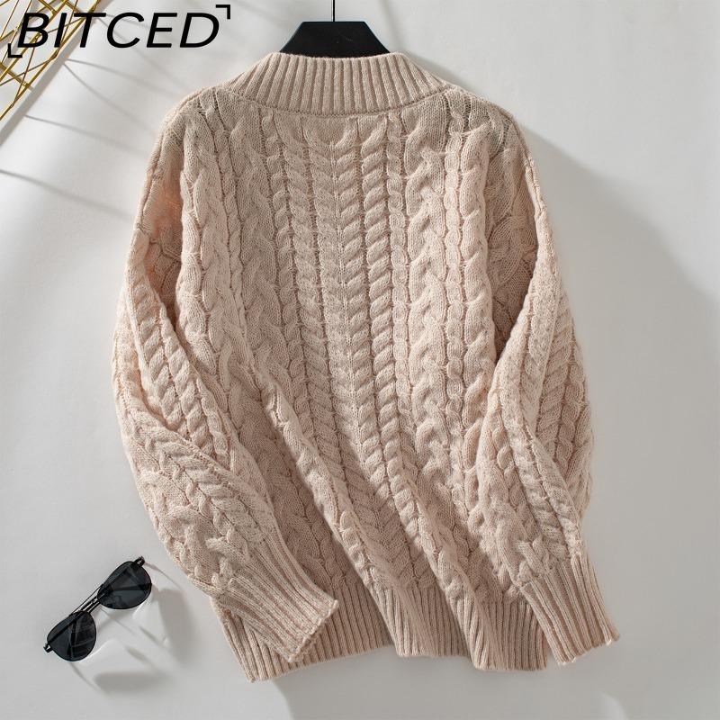 BITCED Autumn/Winter Women's Knitted Sweater Loose-fit Pullover Retro Cable-knit V-neck Long-sleeved Solid-colour Jumper