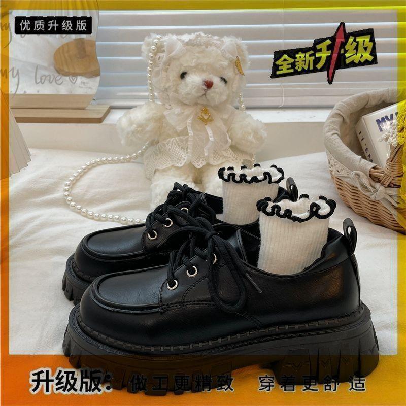 Black thick-soled heightening lace-up small leather shoes for women in autumn and winter 2025, new retro British versatile velvet single