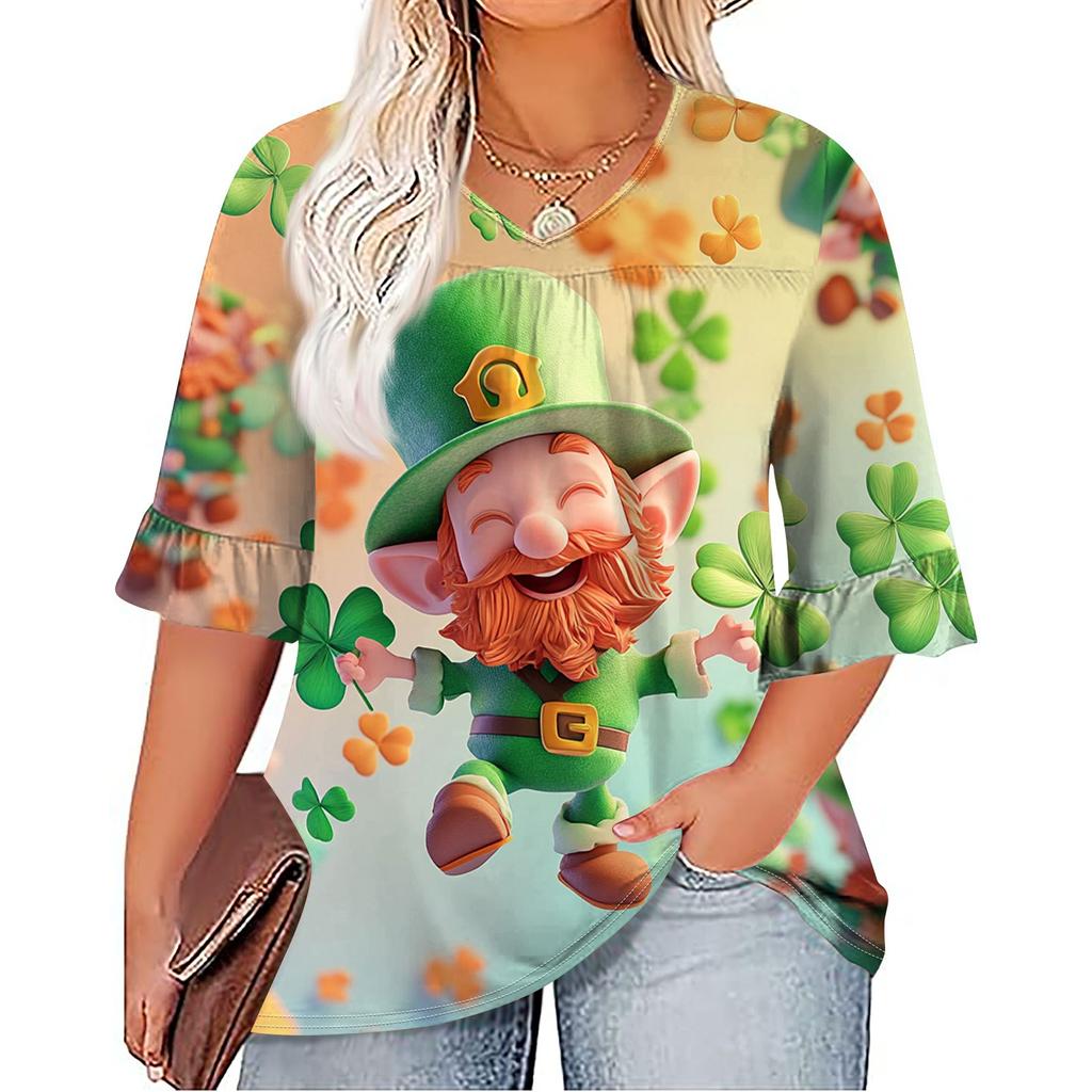 Women's Fashion Casual  Printed V-Neck Pleated Seven Minute Sleeve Ruffle Sleeve T-Shirt Plus Size Tops