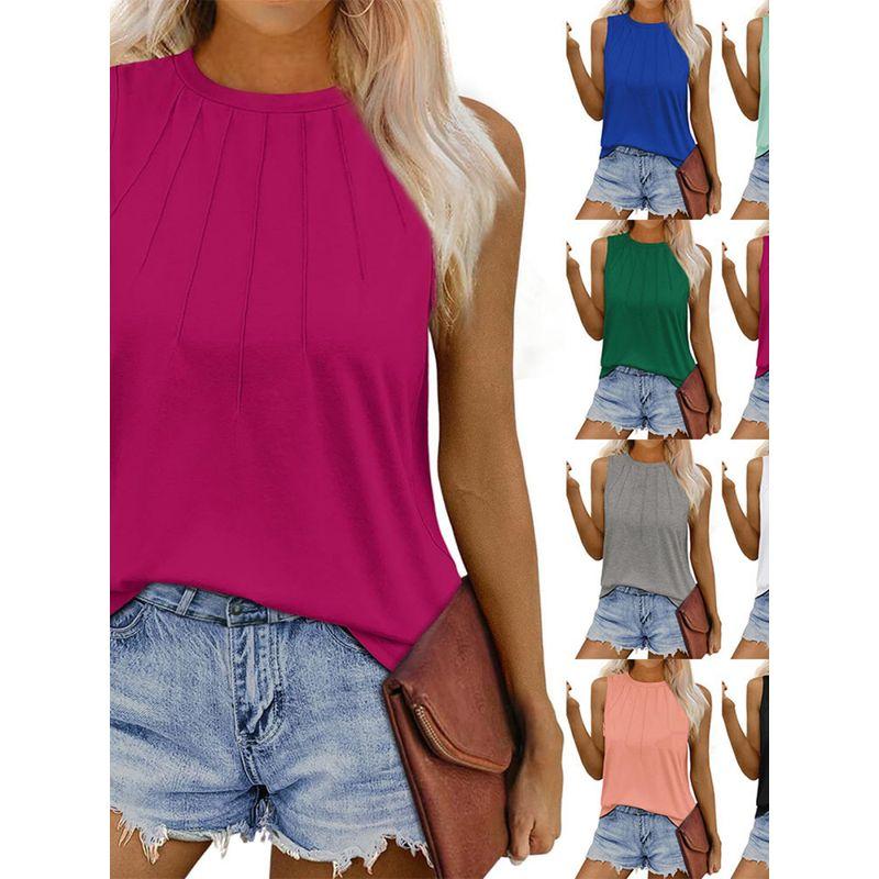 

Solid Color round Neck Pleated Top Woman Pure Color round Neck Ruched Sleeveless Tops Light green XL