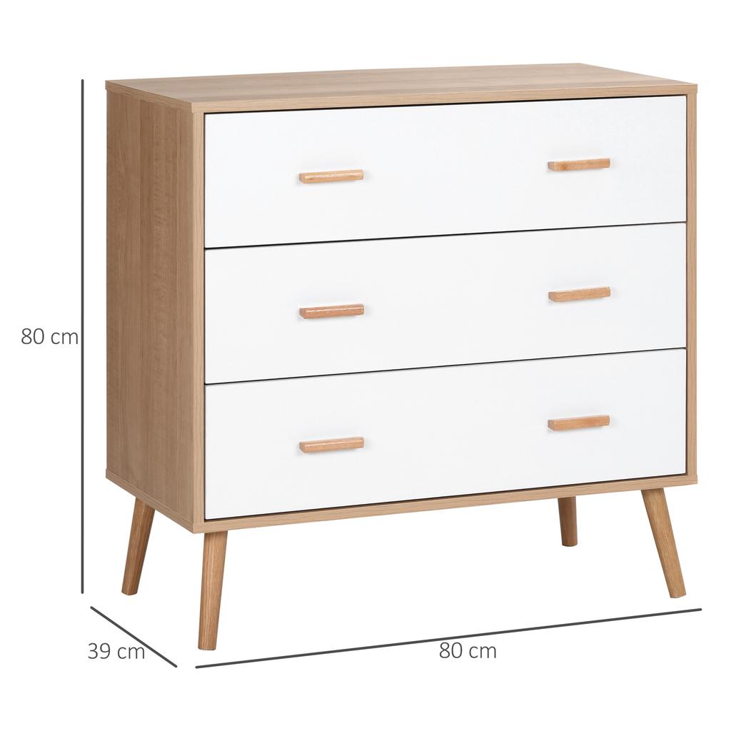 Scandinavian Commode Design 3 Sliding Drawers Tapered Inclined Legs Particle Board Panels Light Wood Grain Finish