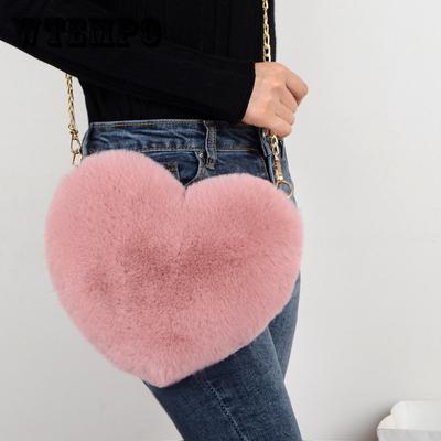 Moda Bolso de Mano con Forma de Corazón para Mujer Lindo Kawaii Piel Sintética Bolso Cruzado Billetera Monedero Bolso de Hombro con Cadena de Felpa Bolso de Mano para Dama