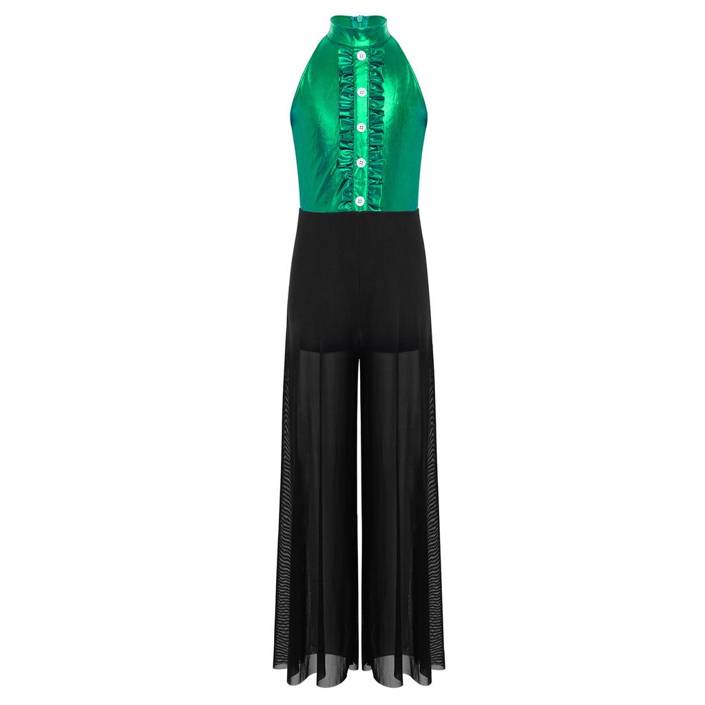 Meisjes Mock Neck Mouwloze Jumpsuit Metallic Bodice Ruches Wijde Pijp Rits aan de Achterkant Jazzdans Kostuum