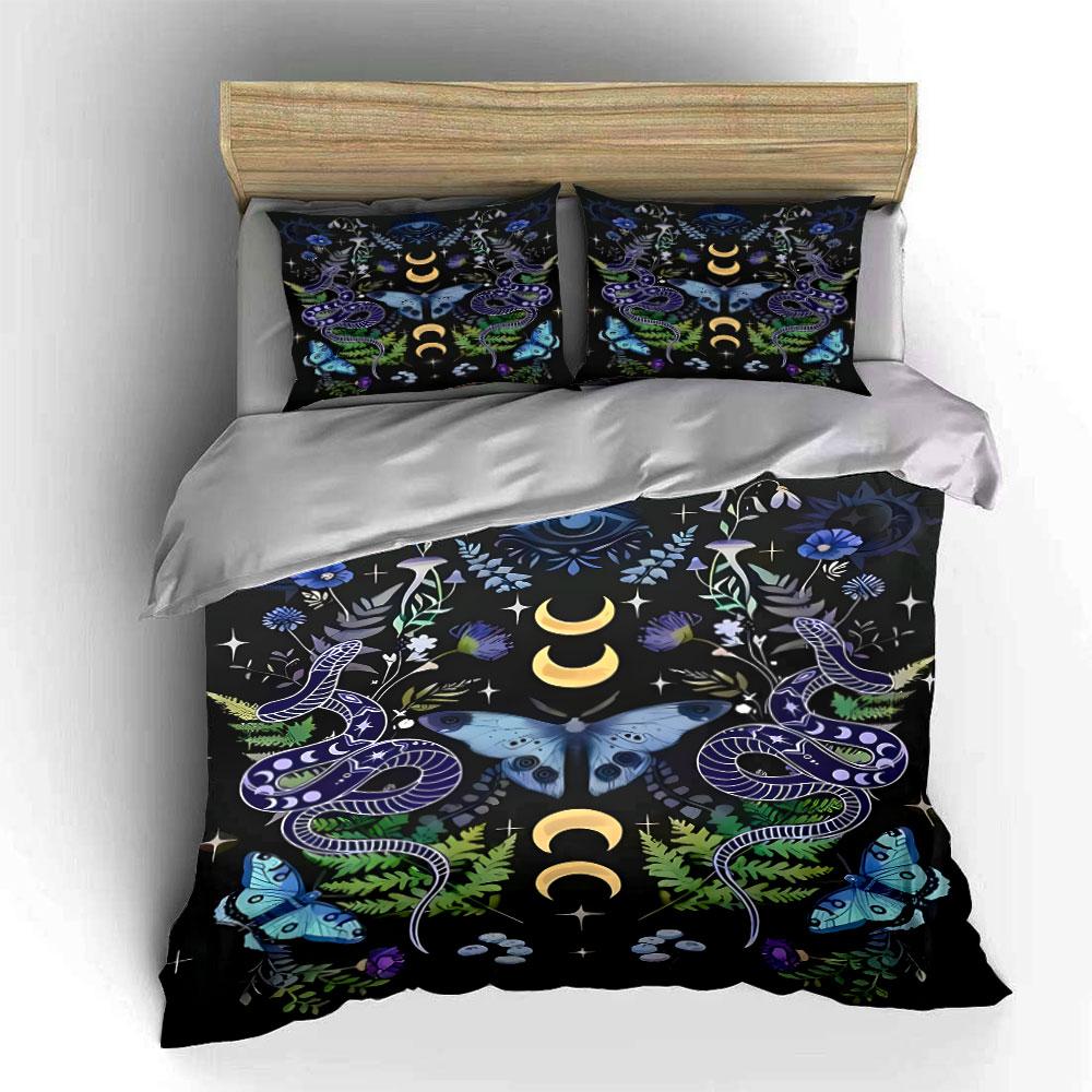 Mystic Snakes and Moon Motif Bedding Duvet Cover Set (1*Duvet Cover 2*Pillowcases, Without Duvet Insert)