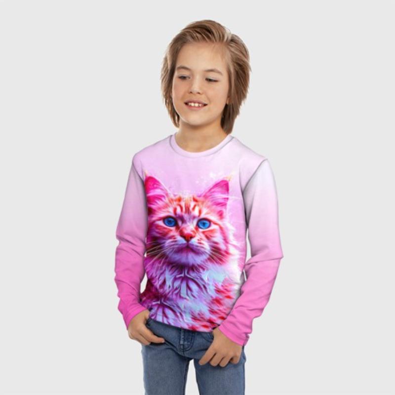 Children's Cartoon Cute Kitten Print T-shirt Boys Cute Long Sleeved Soft Comfortable Top