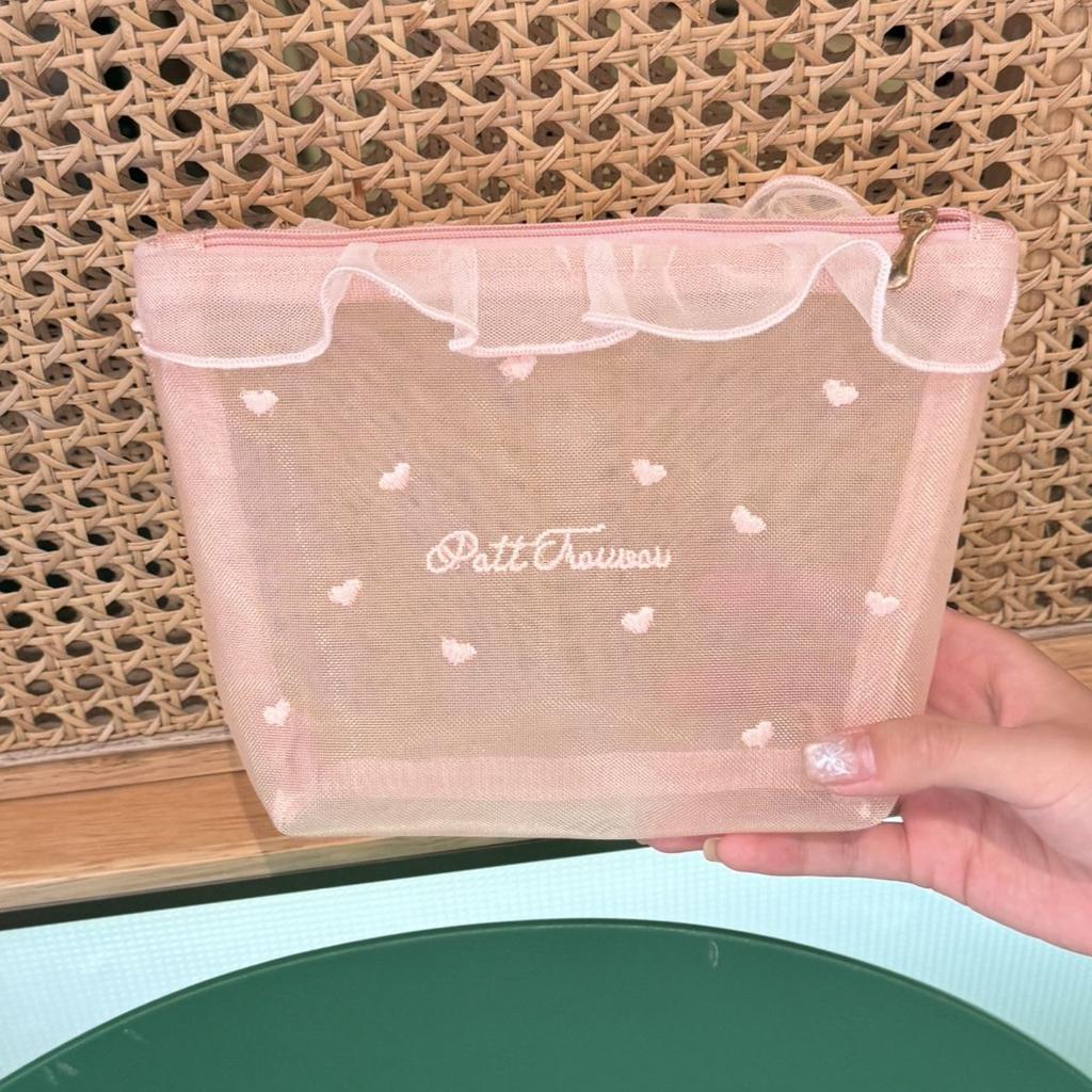 Cute Heart Embroidery Mesh Pouch, Portable Cosmetic and Tissue Bag, Sweet Style Storage Organizer for Girls, Travel and Daily Use