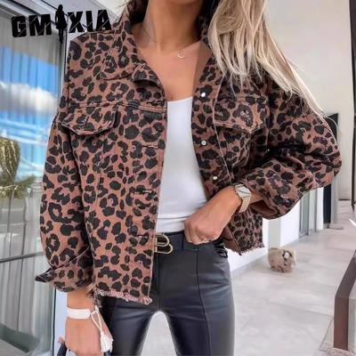 Frühlings- und Herbst-Denim-Mantel Leopardenmuster Langarm Kurz Locker Lässiger Mantel Damen