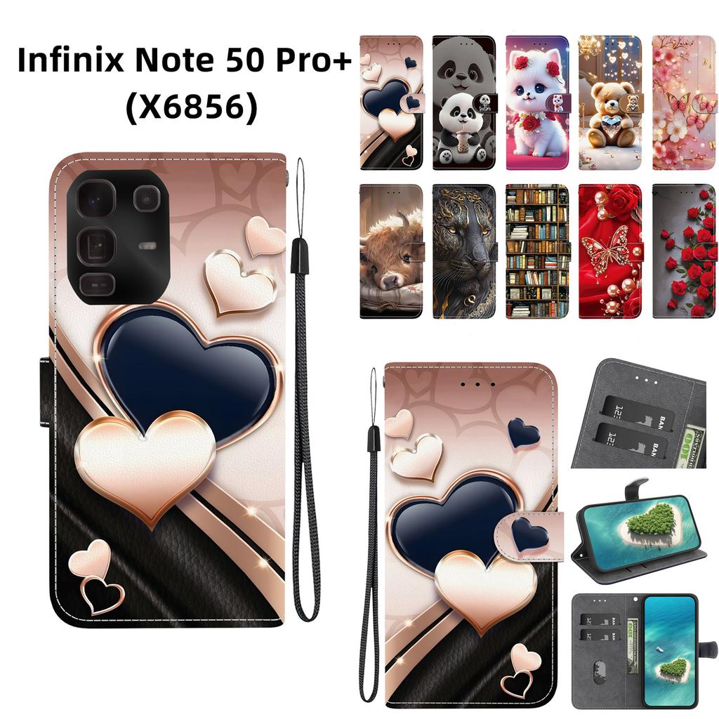 Handgefertigte PU-Leder-Flip-Hülle für Infinix Note 50 Pro+ (X6856) Rutschfeste Stoßfeste Hülle mit Handschlaufe & Herz/Rose Katze Designs